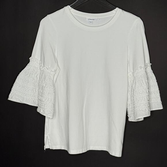 Chicos M Ruffle Bell Sleeve Top White Crewneck 3/4 Sleeve Cotton Blend Boxy - Picture 2 of 9